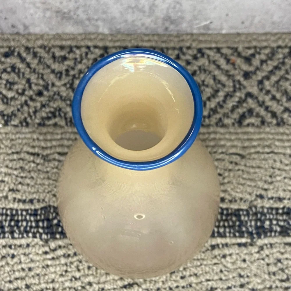 Hand Blown Art Glass Studio Paran Pinkish Tan glass Vase With Blue Accent Top